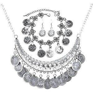 3PC Bohemian Coin Necklace Bracelet Earrings Set Gypsy Women's Jewelry